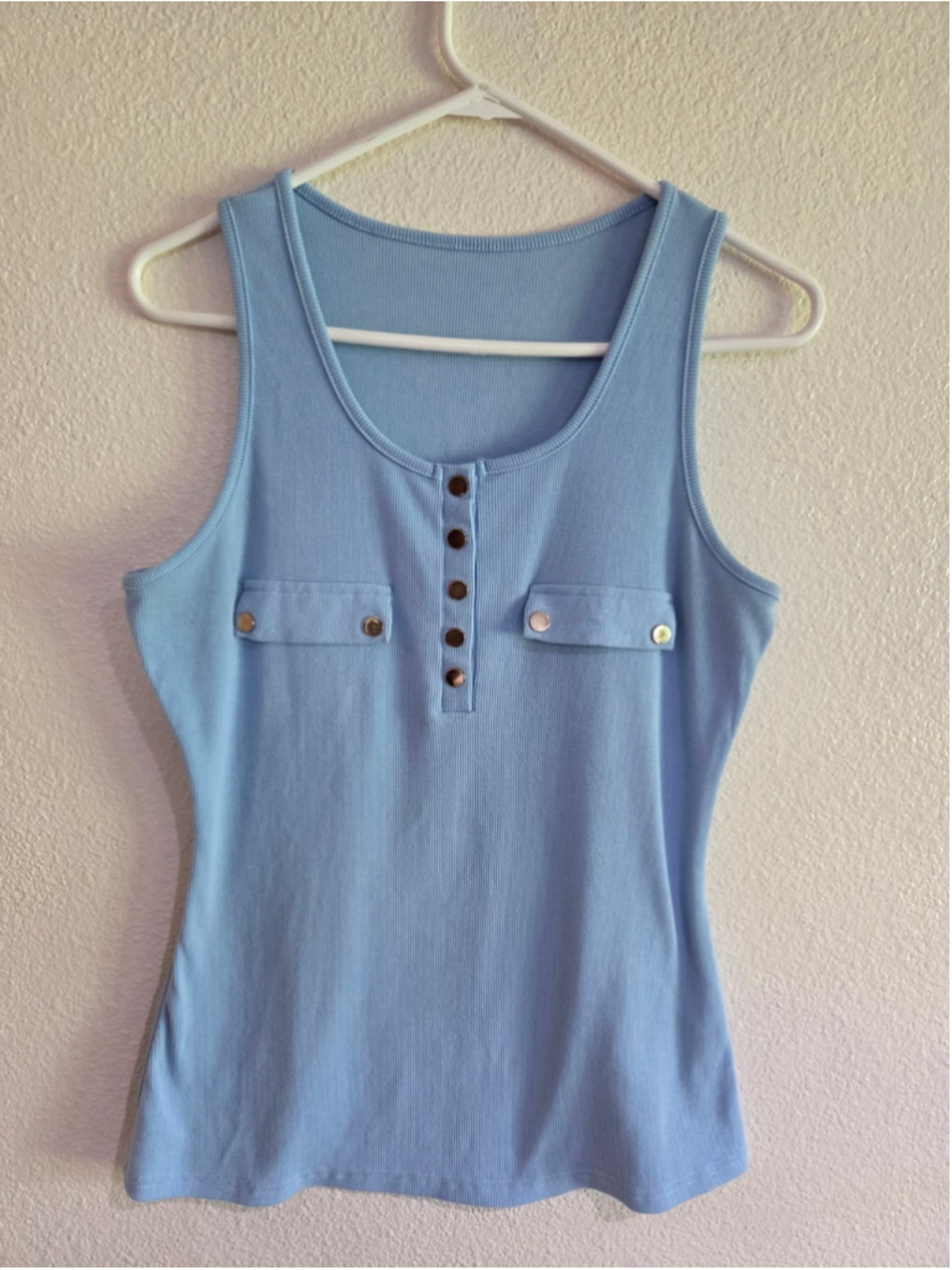Blue Ribbed Tank Top Women’s L with Front Snap Buttons